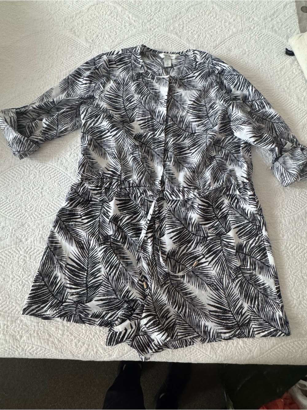 White House Black Market Black & White Palm-Print Romper